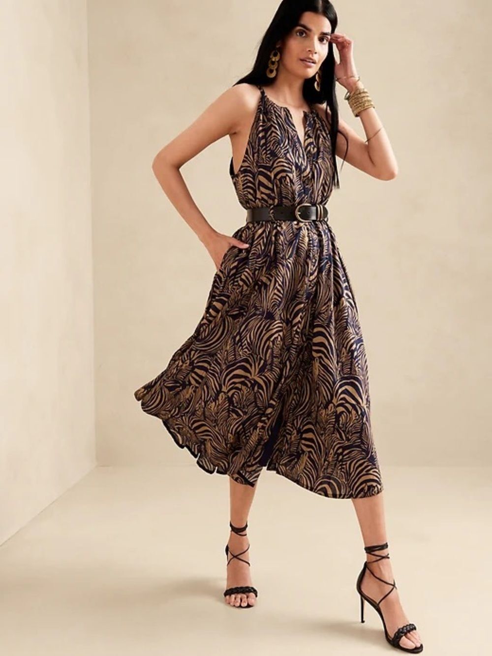 NWT Banana Republic Zebra Print Linen Button Front Midi Dress | Navy / Tan | XS